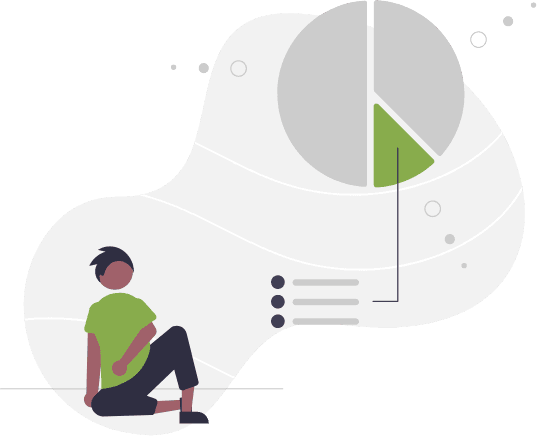 Man pondering a pie chart illustration